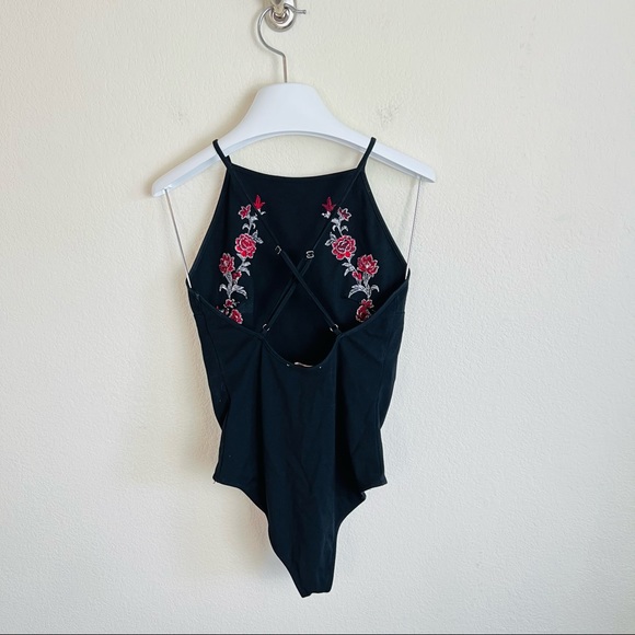 Forever 21 Black Embroidered Red Roses Criss Cross Back Bodysuit - Picture 3 of 12